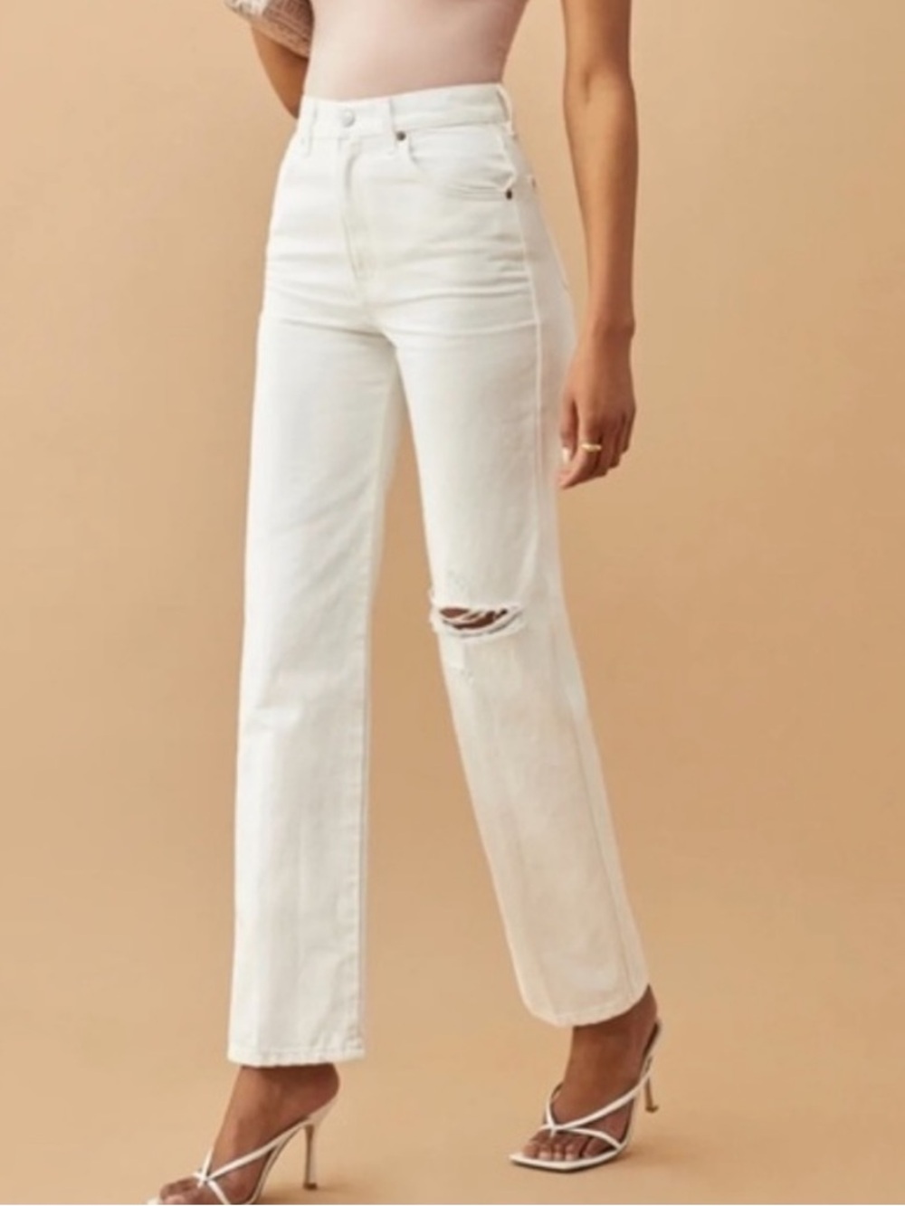 Reformation White Straight-Leg Jeans with Knee Rip